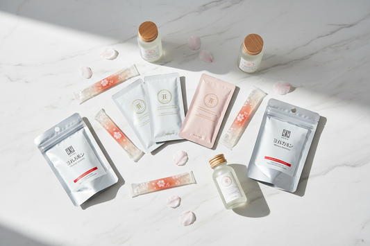 Japanese collagen supplements — powder sachets, jelly sticks, tablets and drinks from imy Shop Japan, arranged on white marble with cherry blossom accents